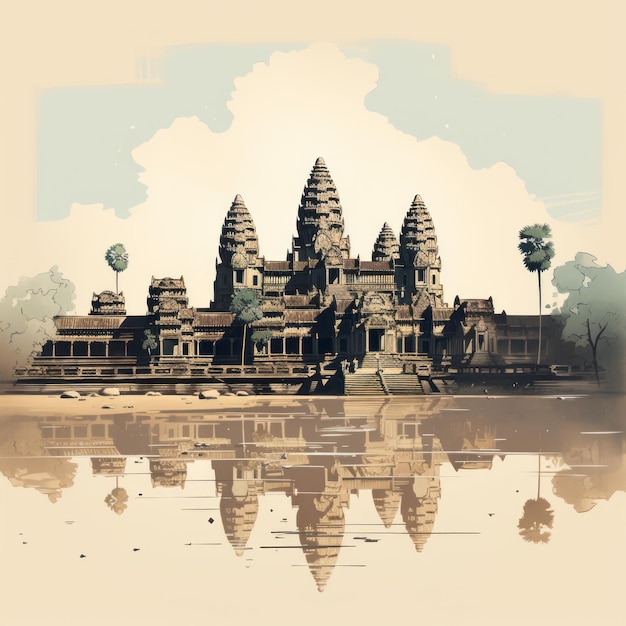 Angkor Wat Tempel Illustratie Retro-ontwerp met minimalistische stijl