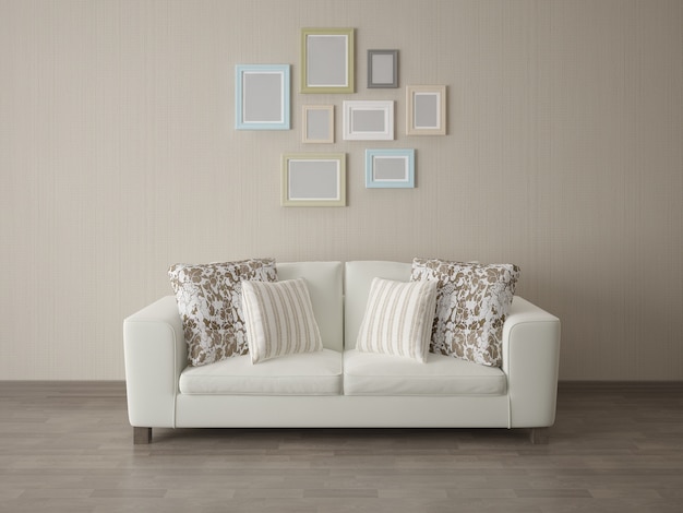 Angle couch with empty frame on fabric texture background