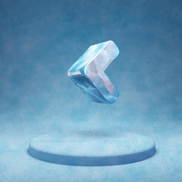 Angle Left icon. Cracked blue Ice Angle Left symbol on blue snow podium. Social Media Icon for website, presentation, design template element. 3D render.