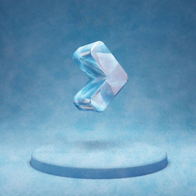 Angle Right icon. Cracked blue Ice Angle Right symbol on blue snow podium. Social Media Icon for website, presentation, design template element. 3D render.