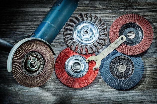 Angle sander and random sanding wheels on vitage wood