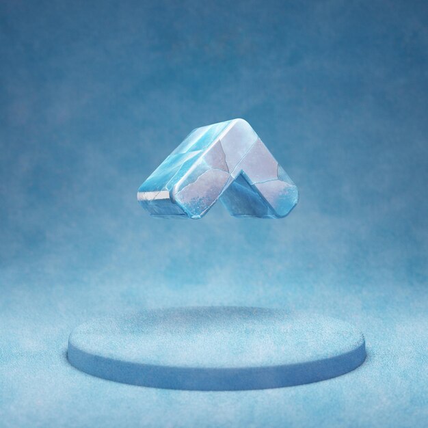 Angle Up icon. Cracked blue Ice Angle Up symbol on blue snow podium. Social Media Icon for website, presentation, design template element. 3D render.