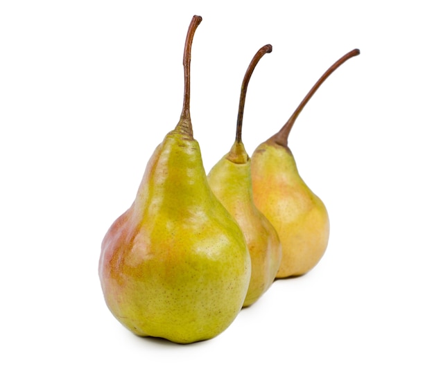 Angled receding row of three fresh ripe yellow pears