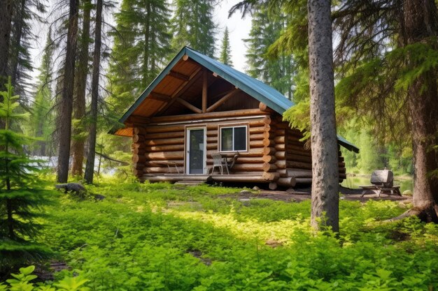 Angled sight of a log cabin surrounded by towering pine trees