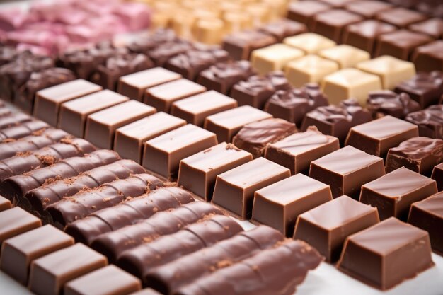 Angled view of an array of finished milk chocolate creations