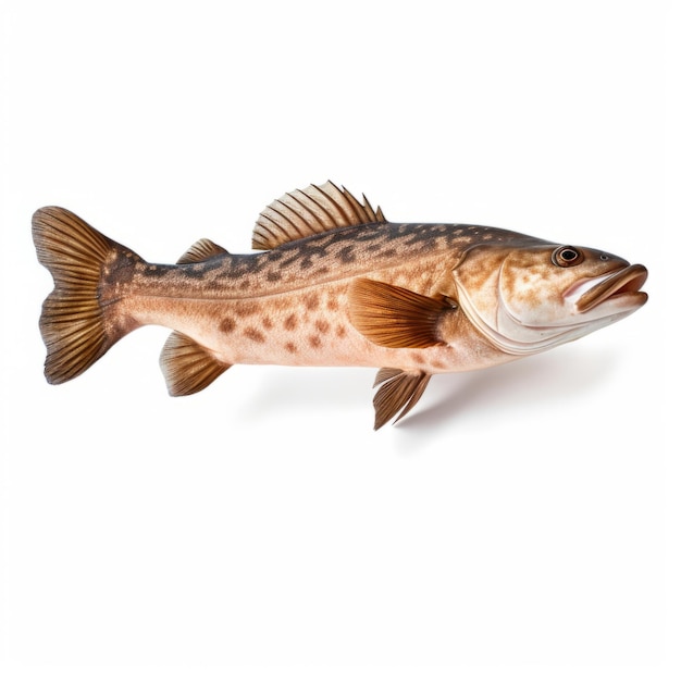 Photo angled view of a cod fish swimming isolated on a white