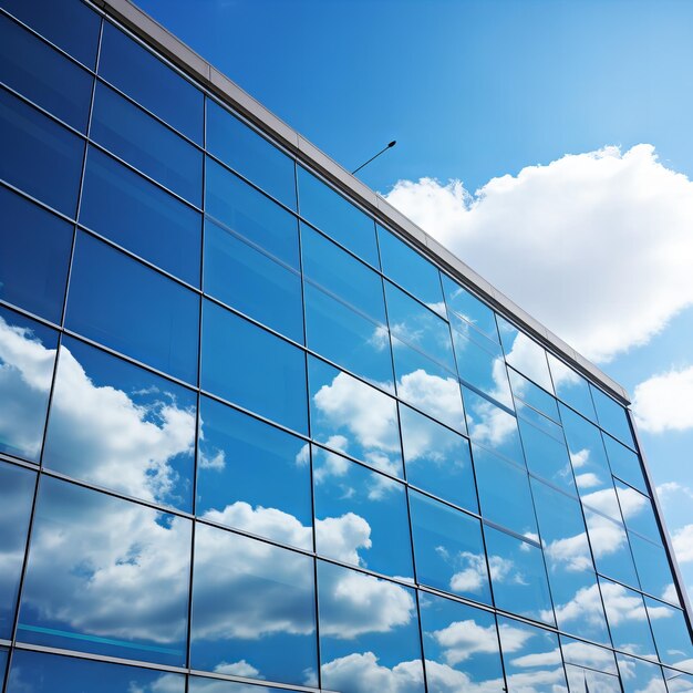 Angled view of large window covered building