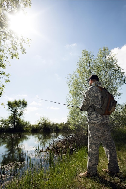 Angler in sunglasses is casting the top water lure