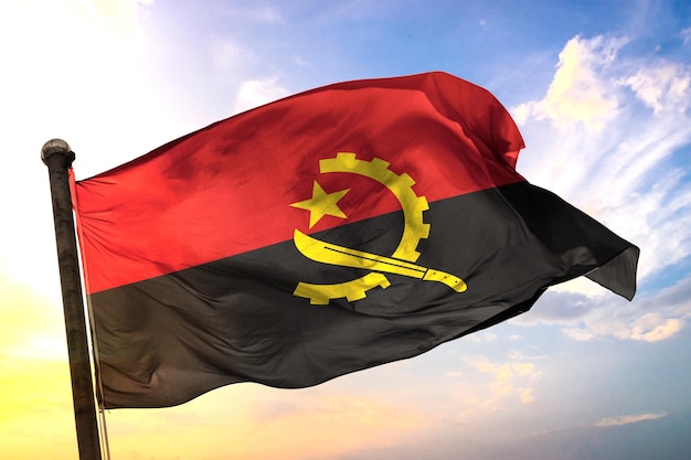 Angola 3D rendering flag waving isolated sky and cloud background