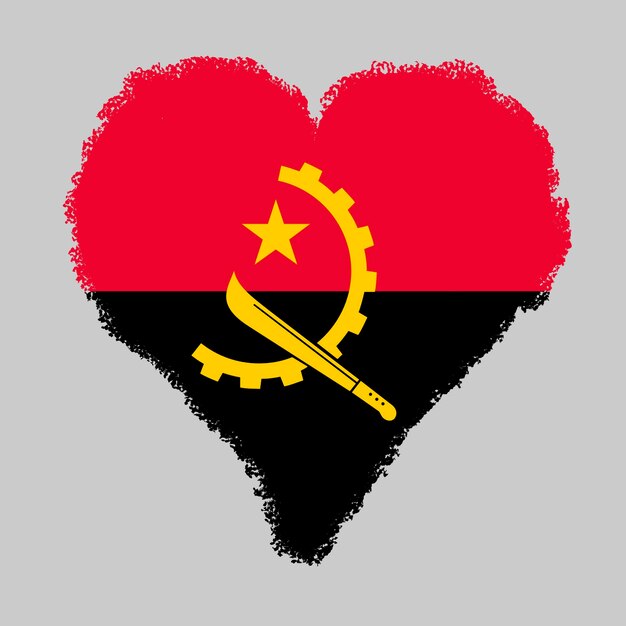 Красочный флаг Анголы в форме сердца со стилем мазка кистью, выделенным на сером фоне