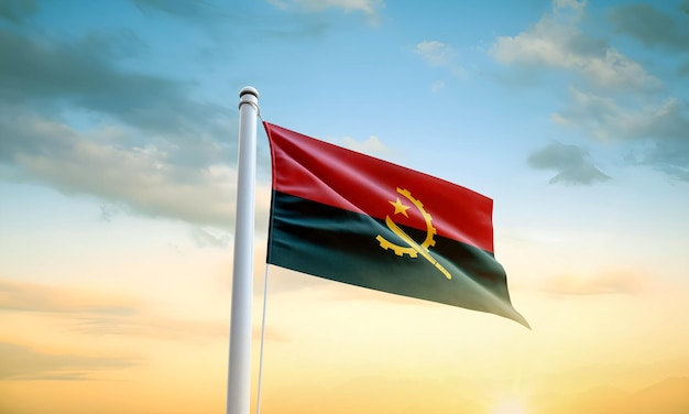 Angola flag waving in beautiful sky