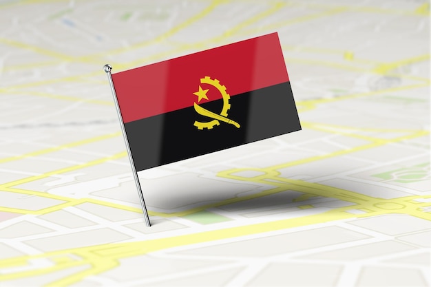 Angola national flag location pin stuck into a city road map 3d\
rendering
