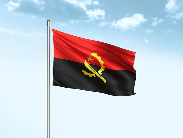 Angola national flag waving in blue sky with clouds Angola flag 3D illustration