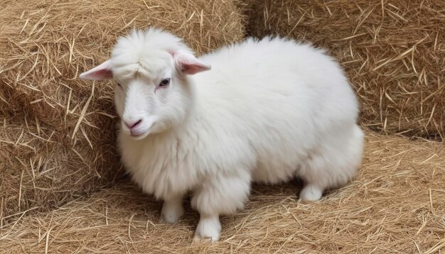 angora goat in the hay