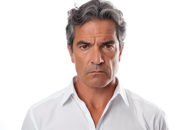 angrily sad mid aged Brazilian man in classic white dress shirt on white background