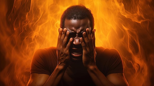 angry african american man crying with his hands on in the style of dark orange and light gold