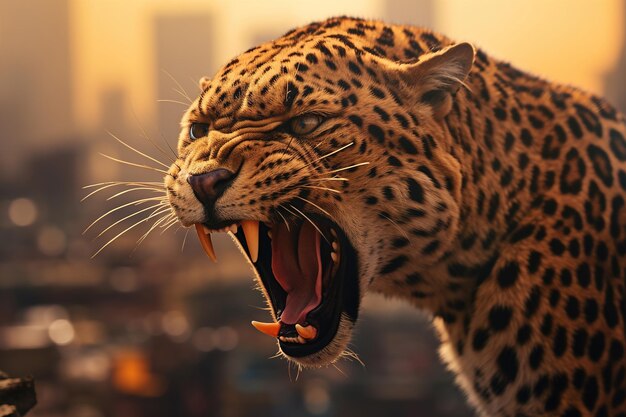 Angry aggressive growling leopard closeup dangerous predator in the city