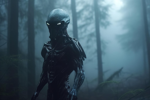 Angry alien with glowing eyes in dark foggy forest Generated ai