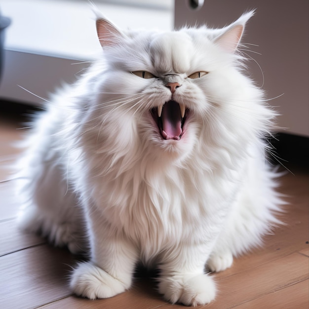 Фото Сердитый и неудовлетворенный голодный пушистый серый кот