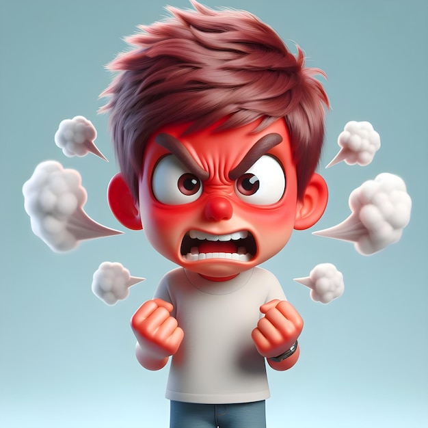 Angry Animated Boy With Clenched Fists and Steamy Ears Expressing Rage