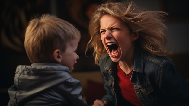 Foto madre arrabbiata arrabbiata urlando rimproverando per la disciplina tenendo lezioni figlio testardo ignorando non ascoltare la madre madre singola severa parla al figlio ribelle rimproverare piccola disobediente figlia esagerata