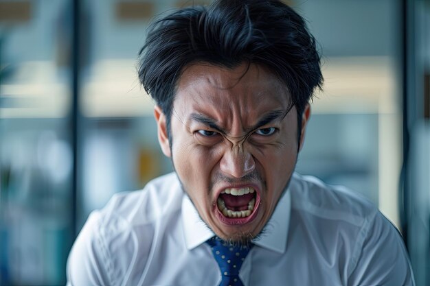 Photo angry asian employee expressing frustration in office uniform