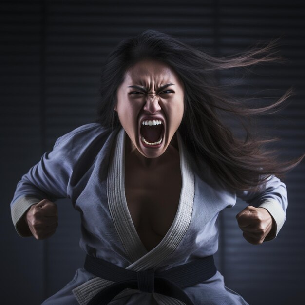 Angry asian lady during Brazilian Jiu Jitsu sparring full body image