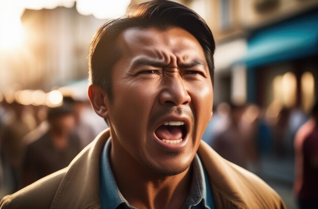 angry asian protester screaming on street closeup activist protesting against rights violation
