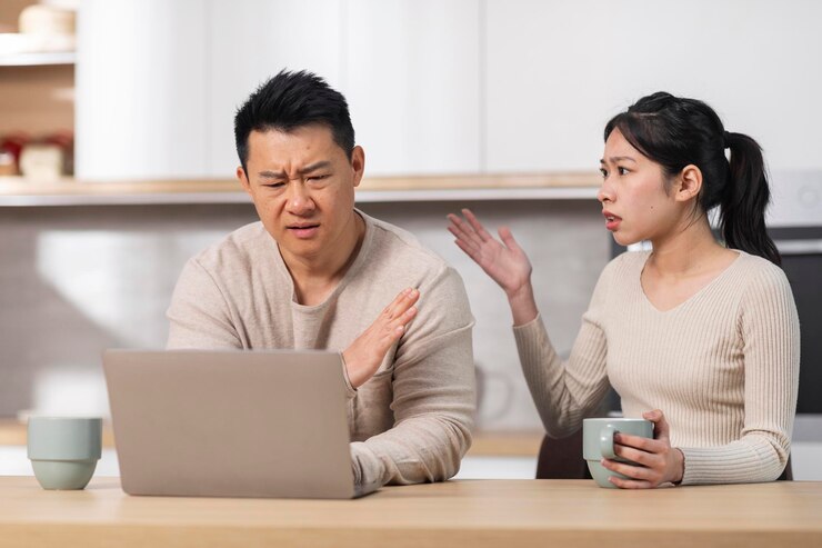 ラップトップを使用して夫に叫んで怒っているアジアの女性