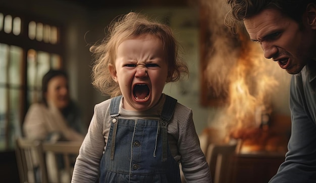 an angry baby in front of a mom and dad yelling in the style of split toning