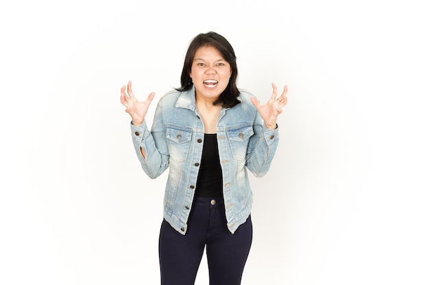 Angry of Beautiful Asian Woman Wearing Jeans Jacket and black shirt Isolated On White Background