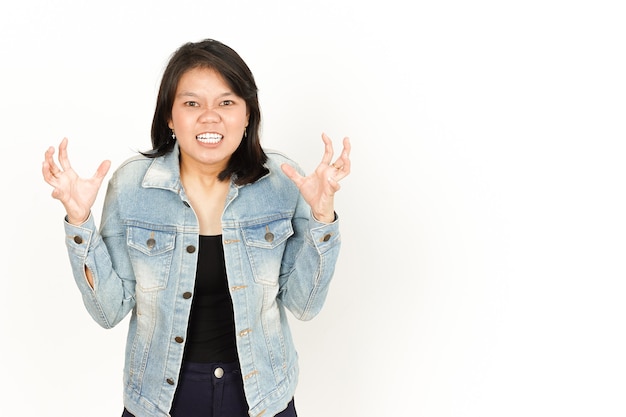 Angry of Beautiful Asian Woman Wearing Jeans Jacket and black shirt Isolated On White Background