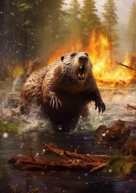 an angry beaver swims in the water ai generated