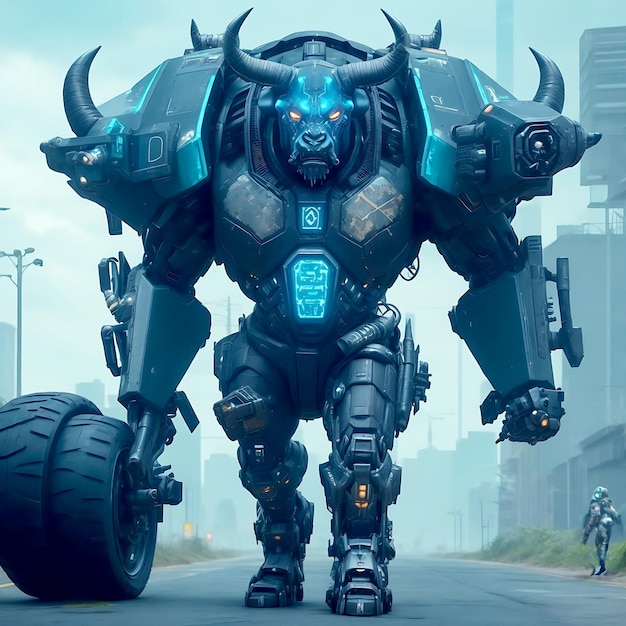 An angry black bull soldier cyberpunk standing on a destroyed road holding weapon warrior