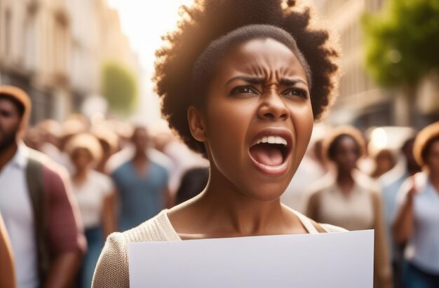 분노한 흑인 소녀가 거리에서 포스터를 들고 소리치고 여성 활동가들이 권리 침해에 반대하는 시위를 벌이고 있다.