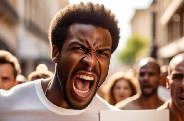 Photo angry black protester striking on street closeup activist struggling against rights violation