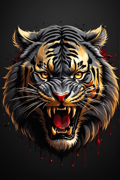 Photo angry black tiger with blood and gold sticker style