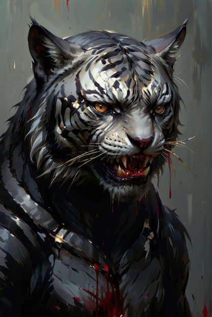 Angry Black Tiger with blood and gold sticker style