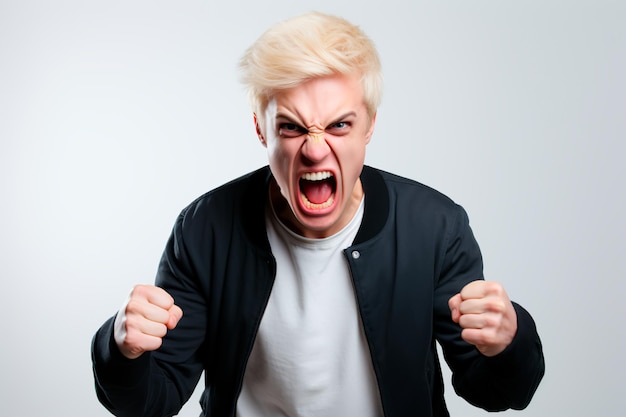 angry blond guy on a white background