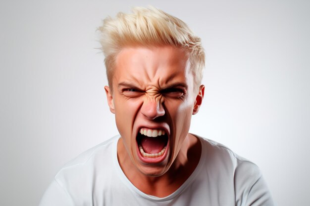 angry blond guy on a white background