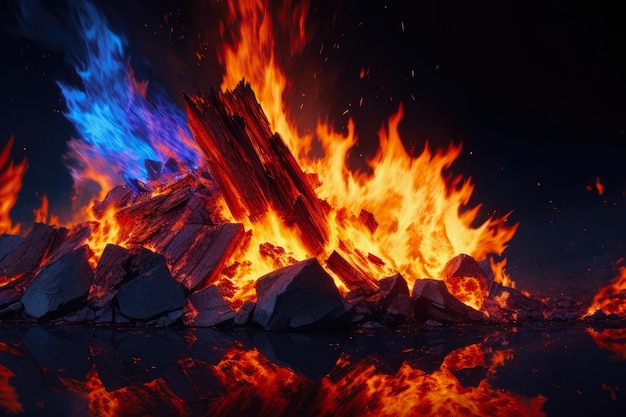 Angry bonfire burning with blue and yellow flames