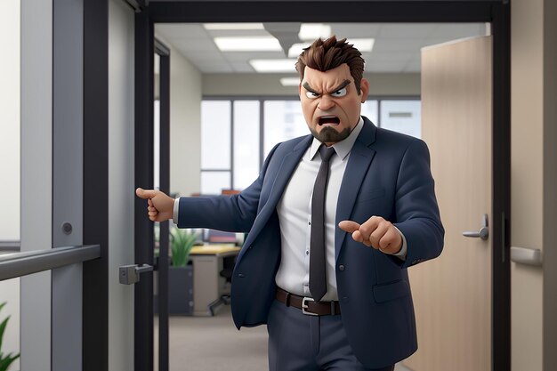 Angry boss points at door director reprimanded punished dismissed employee pressure in office workplace jobless troubles unemployment job reduction concept