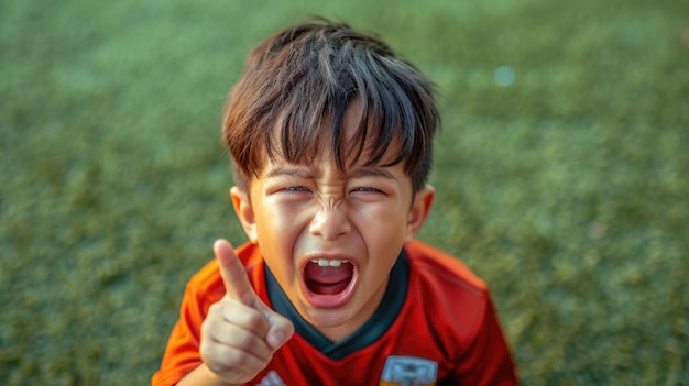 Photo angry boy dressed as a football player shouting and pointing