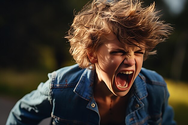 Foto ragazzo arrabbiato che urla alla telecamera.