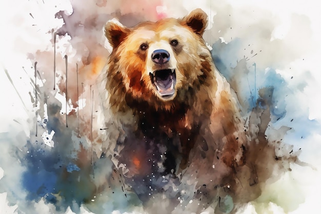 Angry brown bear in watercolor style on a colorful abstract background Wildlife and hunting concept