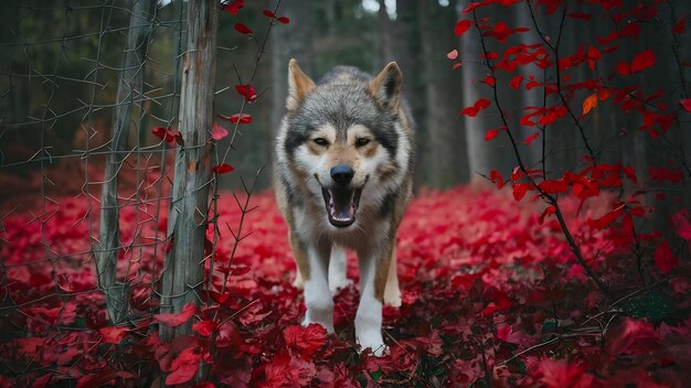 Foto un lupo marrone e bianco arrabbiato in mezzo alle foglie rosse vicino a una recinzione spinosa in una foresta