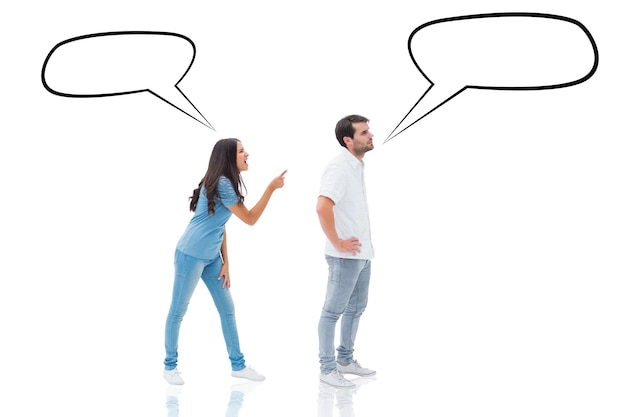 angry brunette shouting at boyfriend against speech bubble