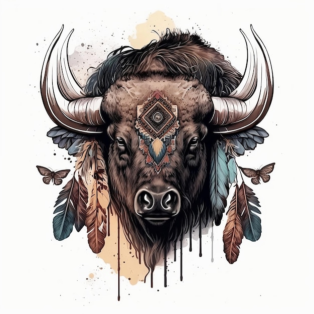 Разгневанный бык декоративный племенный символ изолированный на белом фоне Духовный символ с головой богемского буйвола тотем дикого животного