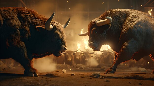 Photo angry bull fighting each other in cinematic scene with fire particles