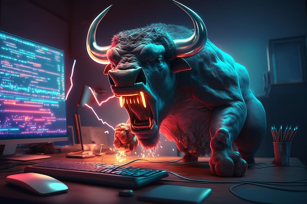 Angry Bull trading with computer Bullish in Stock market and Crypto currency Generative Ai